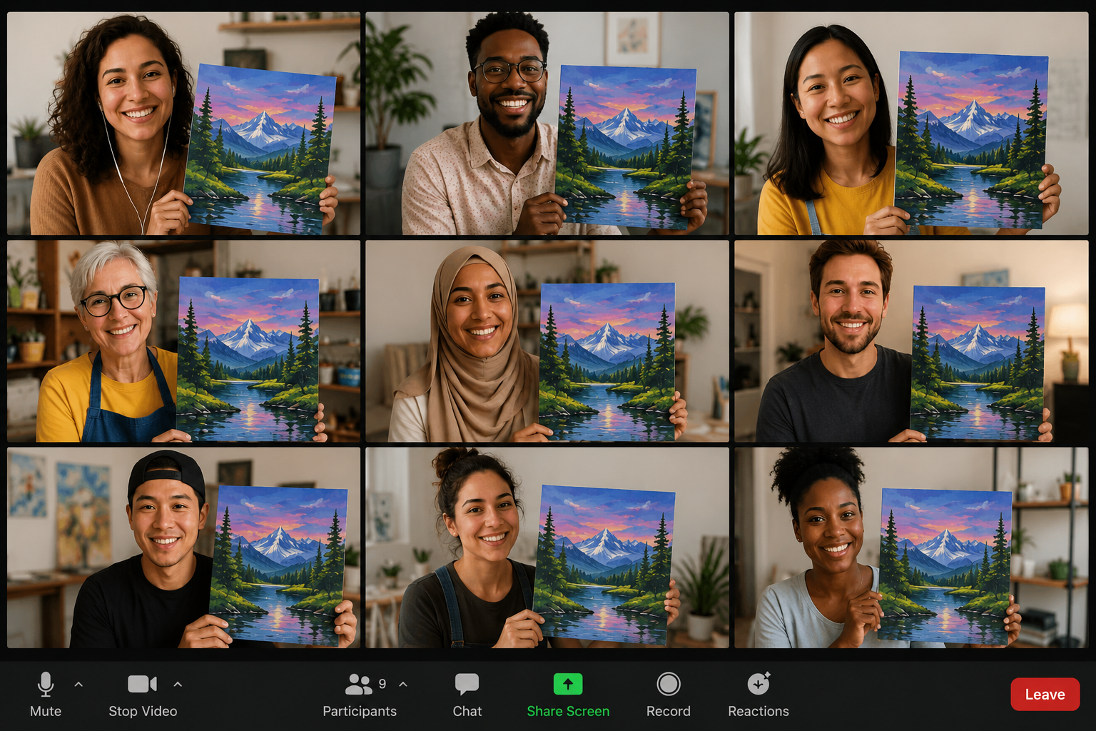 Nine participants on a virtual paint party video call, each smiling and holding up a mountain landscape painting